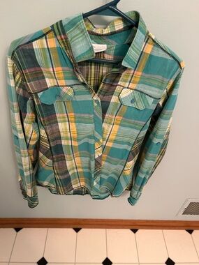 Columbia Teal Green Yellow Plaid Button-Down Shirt